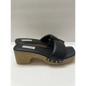 Steve Madden Chana Woody Platform Slur Sandals Black Goldtone Studs Women's 8